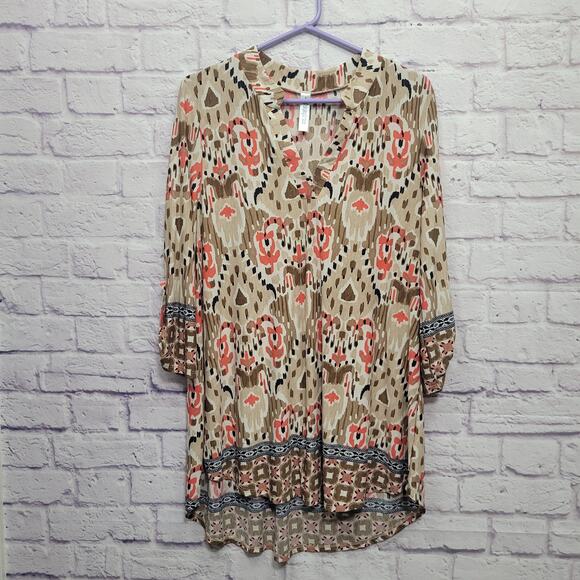 Paisley Grace Boho Floral Tunic Top Size M V-Neck Flowy 3/4 Sleeve Stretchy - Picture 1 of 8